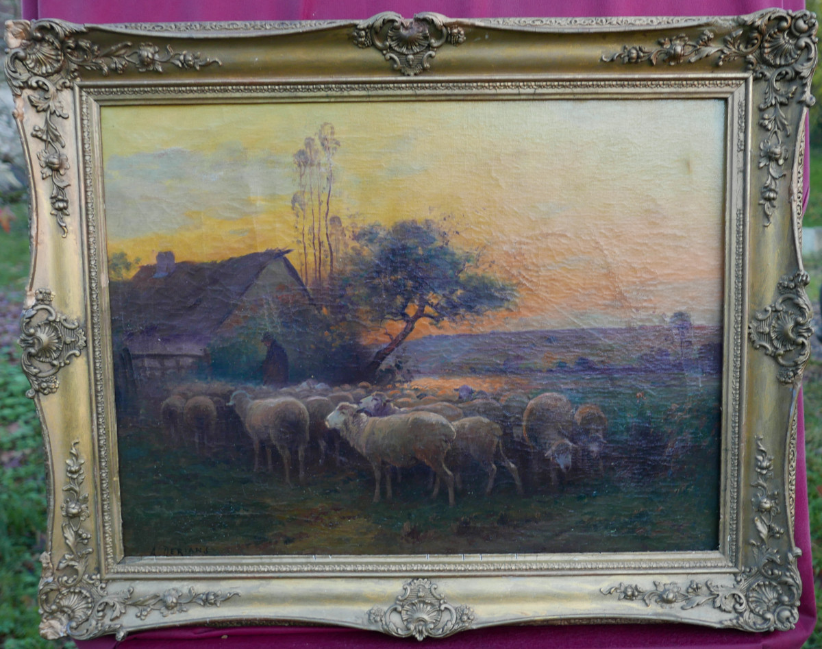 A. Derians, Landscape Painting, Shepherd And His Sheep, Oil On Canvas, Late 19th Century