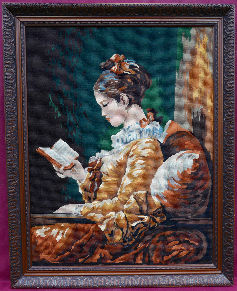 Canvas Painting, Portrait Of A Woman Reading, After Fragonard, 20th Century