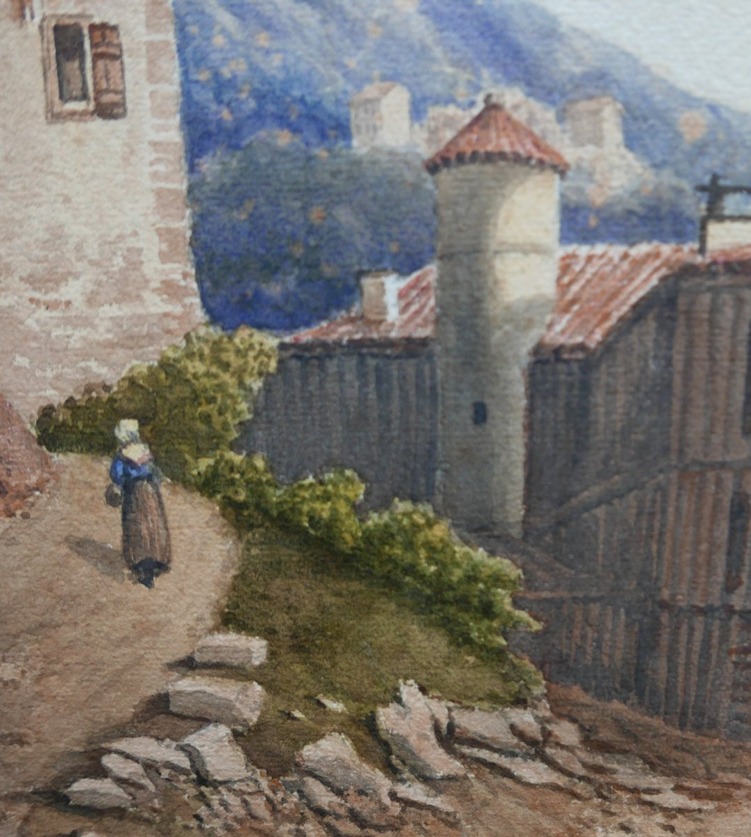 Watercolor Of A Lively Mountain Village, French School, Late 19th Century-photo-4