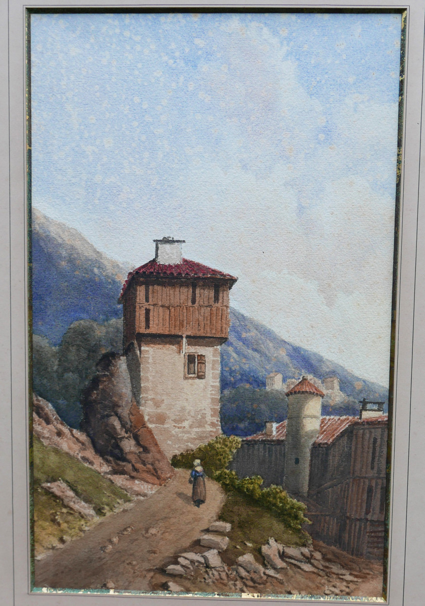 Watercolor Of A Lively Mountain Village, French School, Late 19th Century