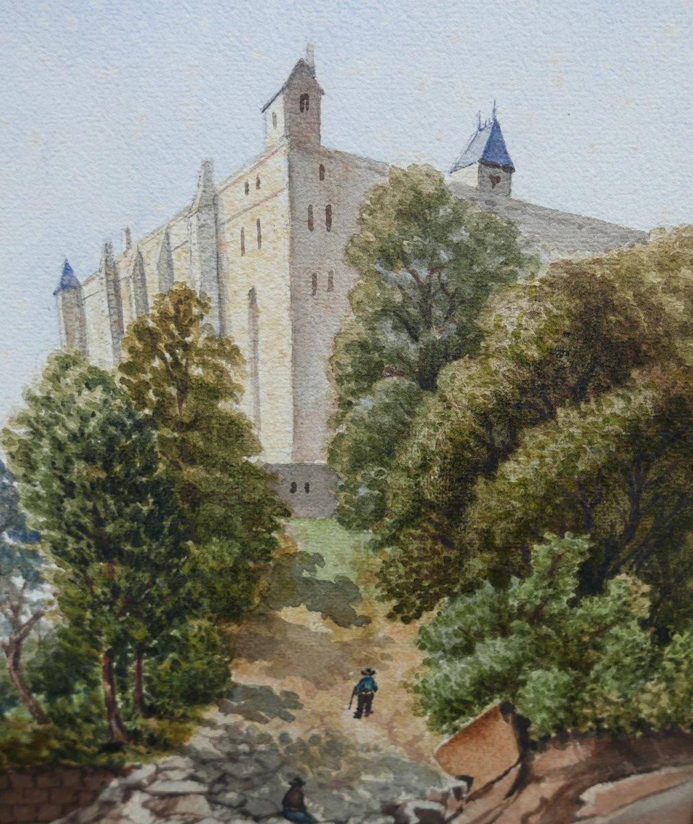 Watercolor Landscape Of A Fortified Castle In A Wooded Area, French School, Late 19th Century-photo-3