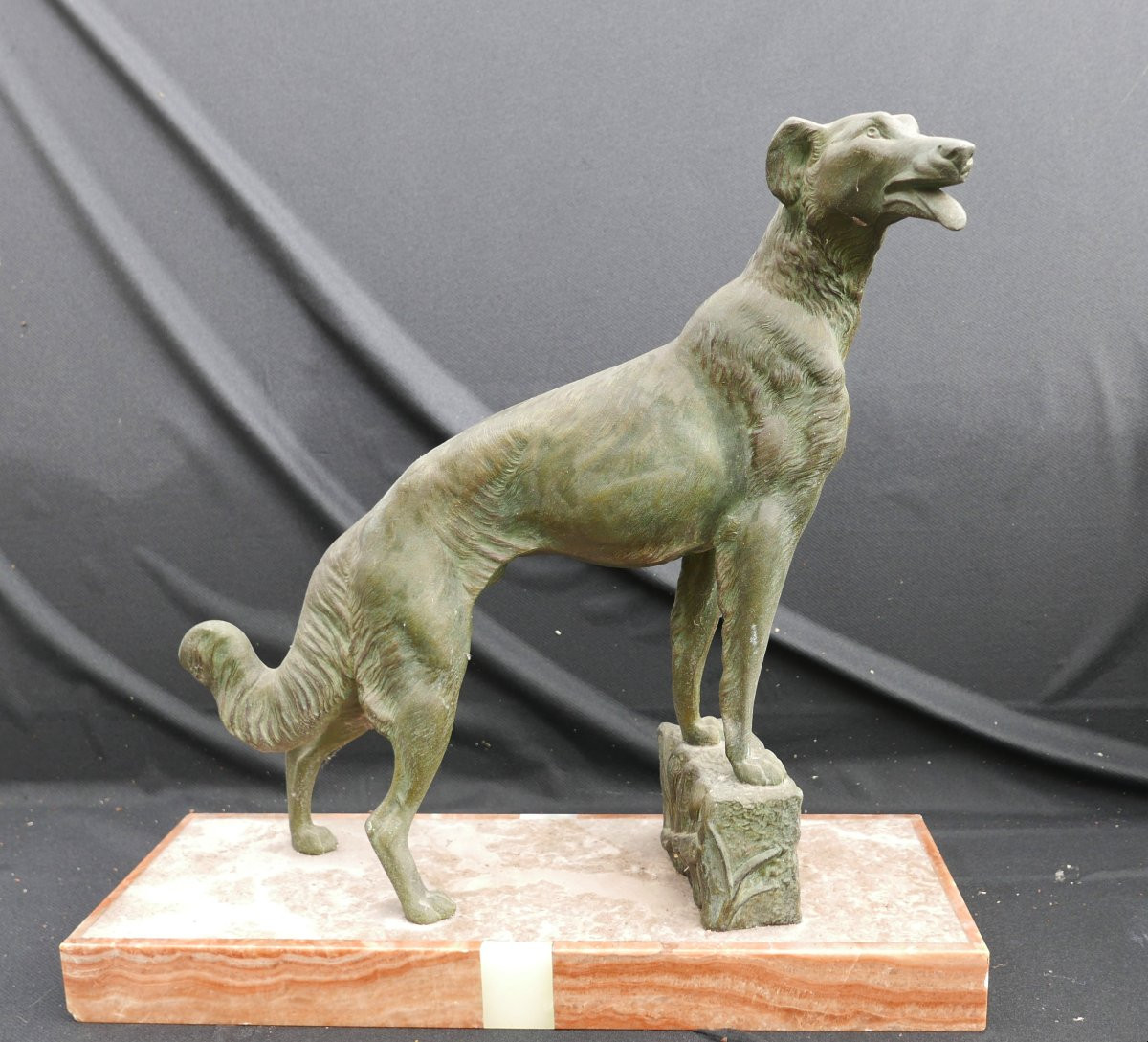Louis Carvin Large Regule Greyhound On Marble Green Patina Art Deco 20th Century-photo-3