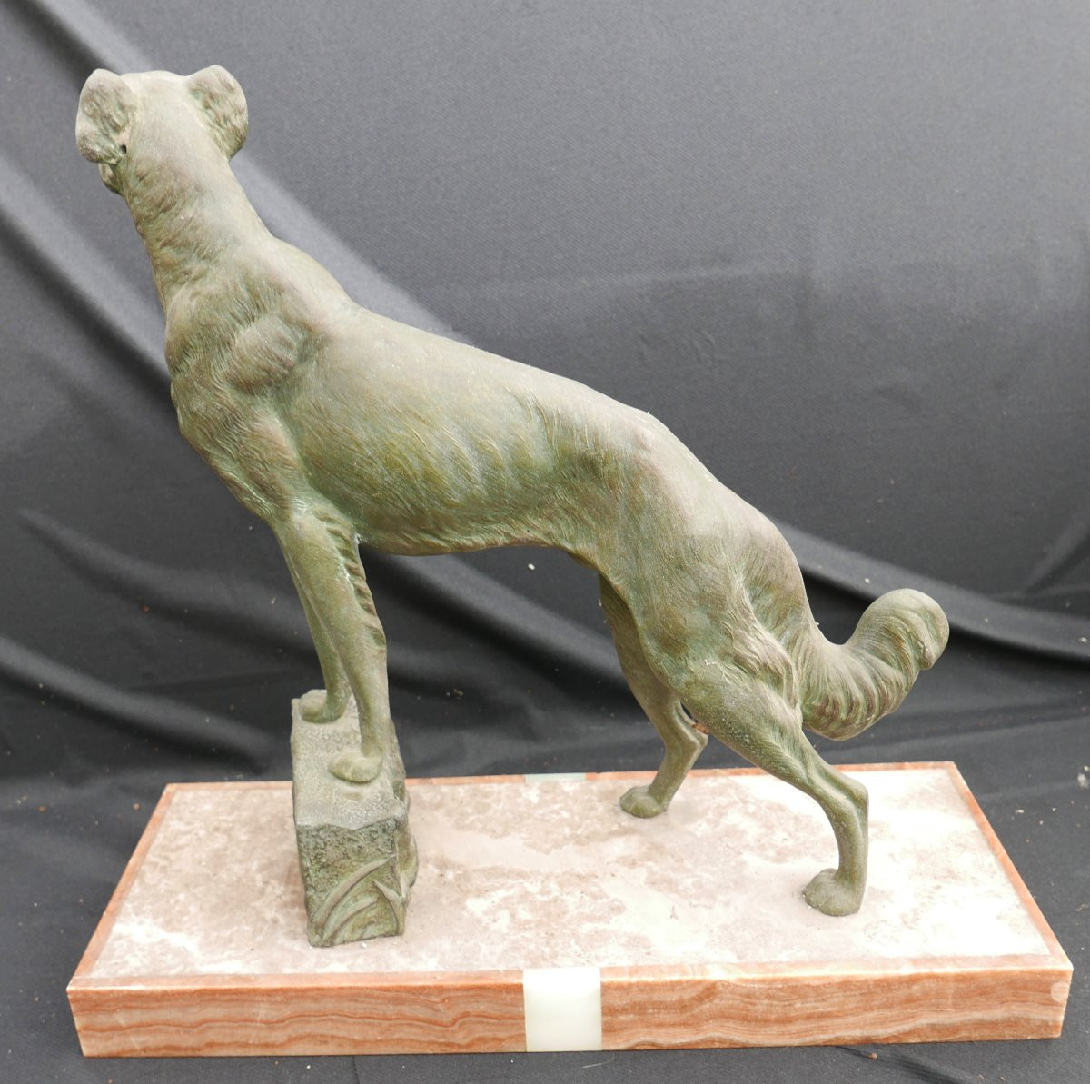 Louis Carvin Large Regule Greyhound On Marble Green Patina Art Deco 20th Century-photo-4