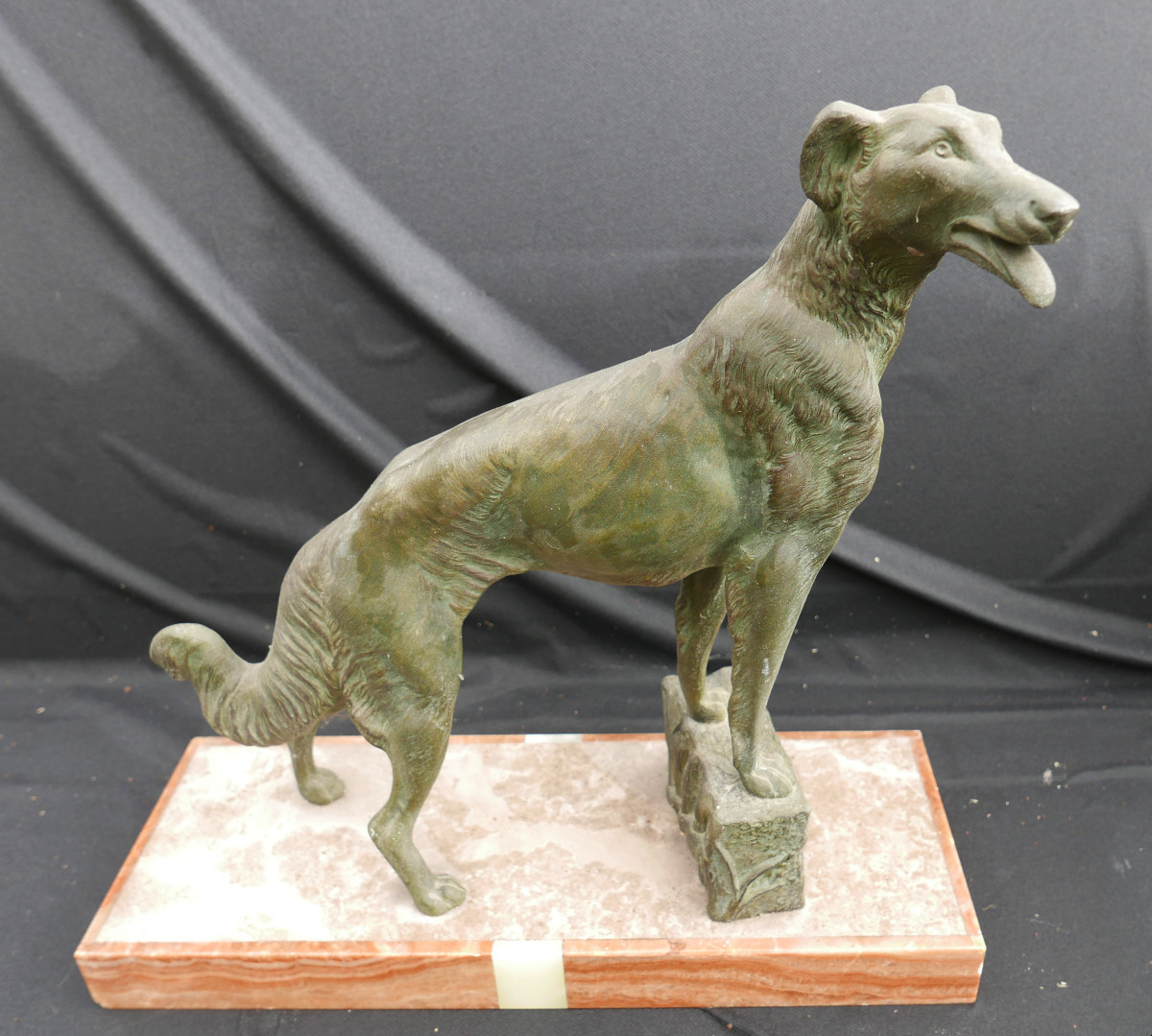 Louis Carvin Large Regule Greyhound On Marble Green Patina Art Deco 20th Century