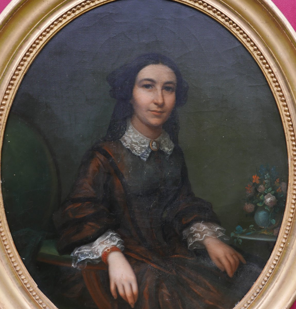 Portrait de Jeune Femme Ovale Epoque Second Empire Huile/Toile du XIXème siècle-photo-3