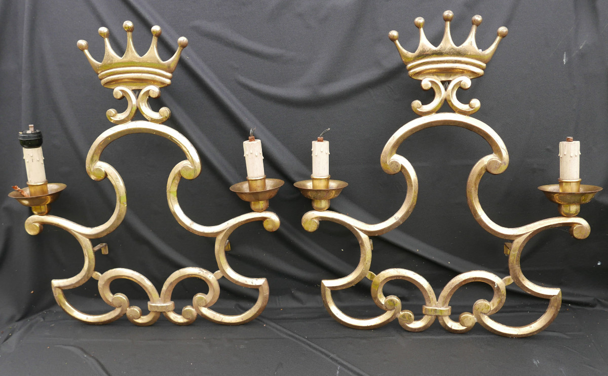 Large Vintage Gilt Bronze Wall Sconces, 20th Century, Signed
