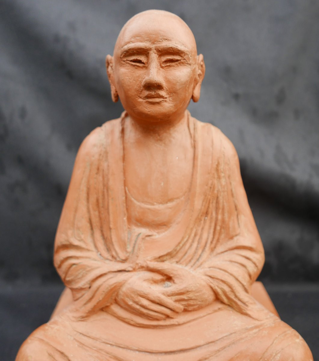 20th Century Terracotta Buddha Sculpture Monogrammed Js-photo-2