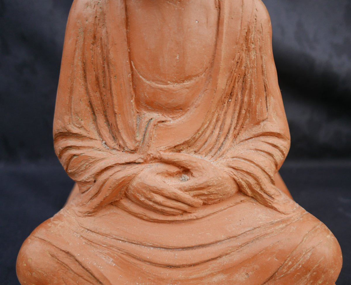 20th Century Terracotta Buddha Sculpture Monogrammed Js-photo-3