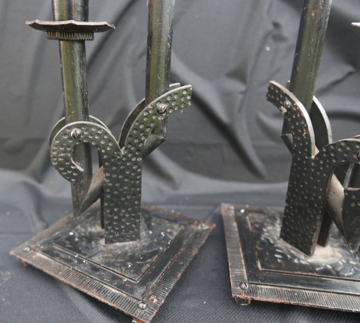 Pair Of Hammered Wrought Iron Candlesticks, Art Deco Period, 20th Century-photo-4