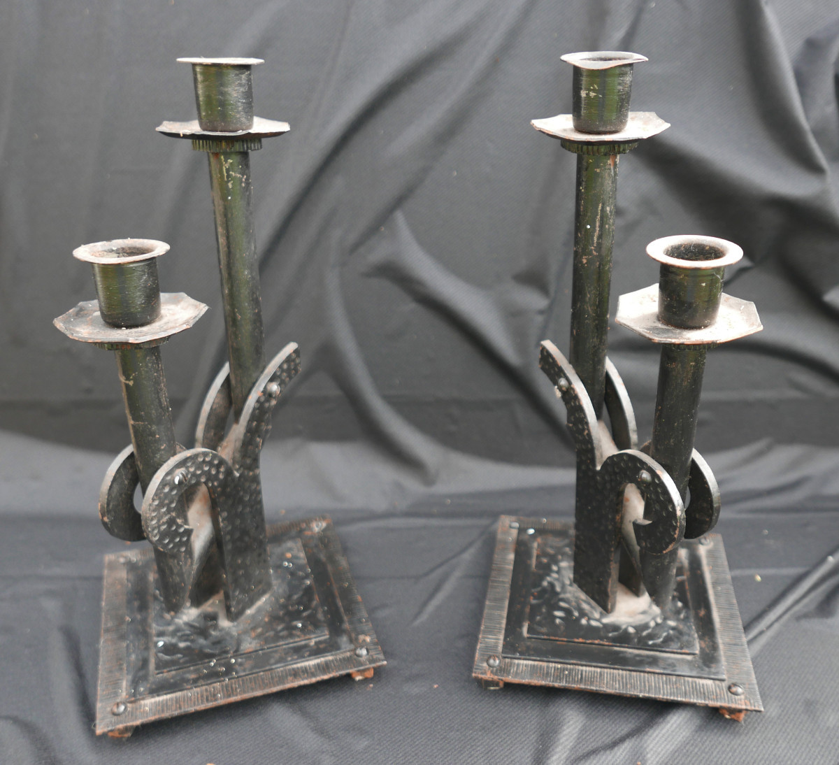 Pair Of Hammered Wrought Iron Candlesticks, Art Deco Period, 20th Century