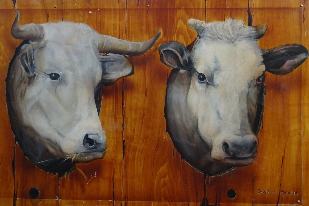 Stéphane Mouiller Tableau Portrait de Vaches Huile sur Panneau XXème siècle-photo-3