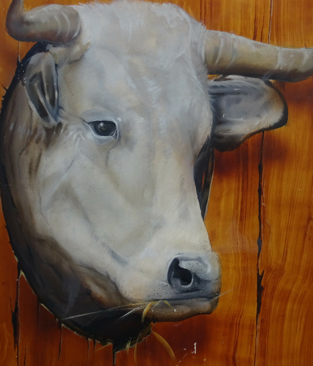 Stéphane Mouiller Tableau Portrait de Vaches Huile sur Panneau XXème siècle-photo-4