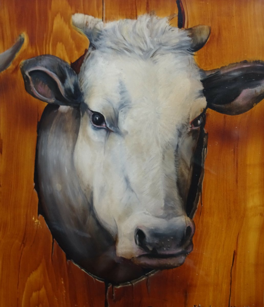 Stéphane Mouiller Tableau Portrait de Vaches Huile sur Panneau XXème siècle-photo-1