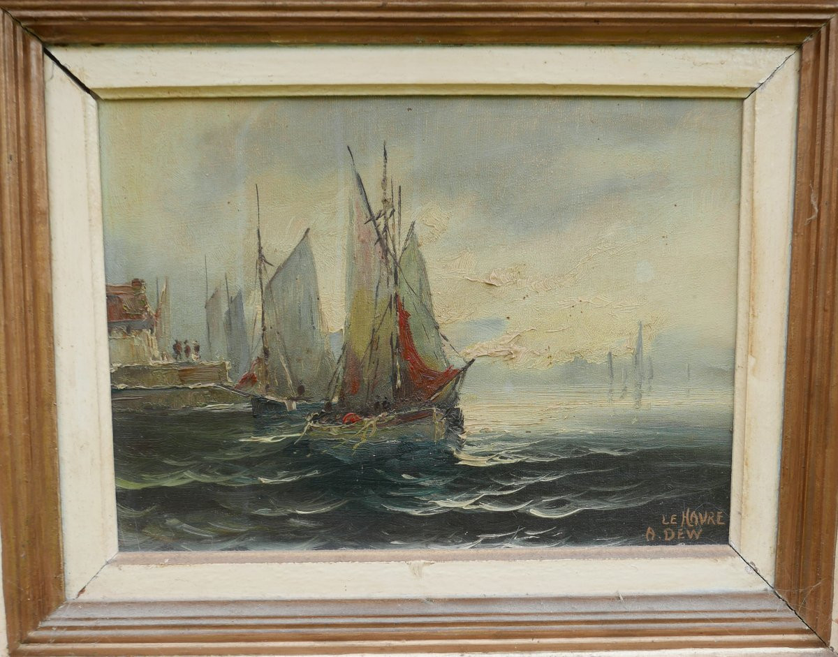 Dew Marine, View Of The Port With Sailing Ships, Le Havre, Oil On Canvas, 20th Century-photo-2