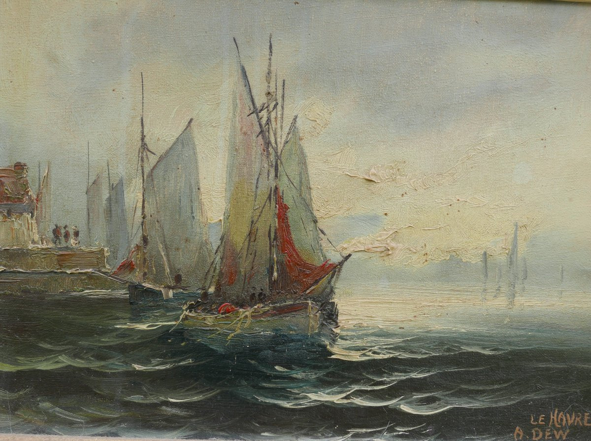 Dew Marine, View Of The Port With Sailing Ships, Le Havre, Oil On Canvas, 20th Century-photo-3