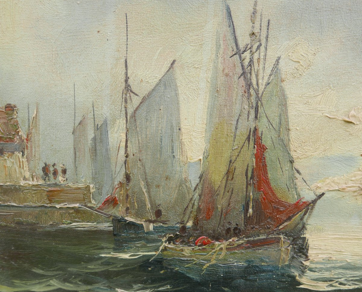 Dew Marine, View Of The Port With Sailing Ships, Le Havre, Oil On Canvas, 20th Century-photo-4