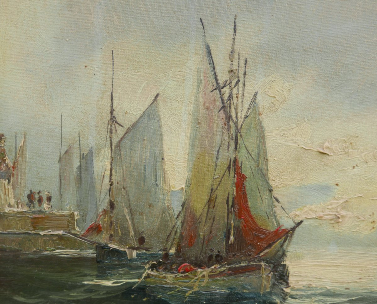Dew Marine, View Of The Port With Sailing Ships, Le Havre, Oil On Canvas, 20th Century-photo-1