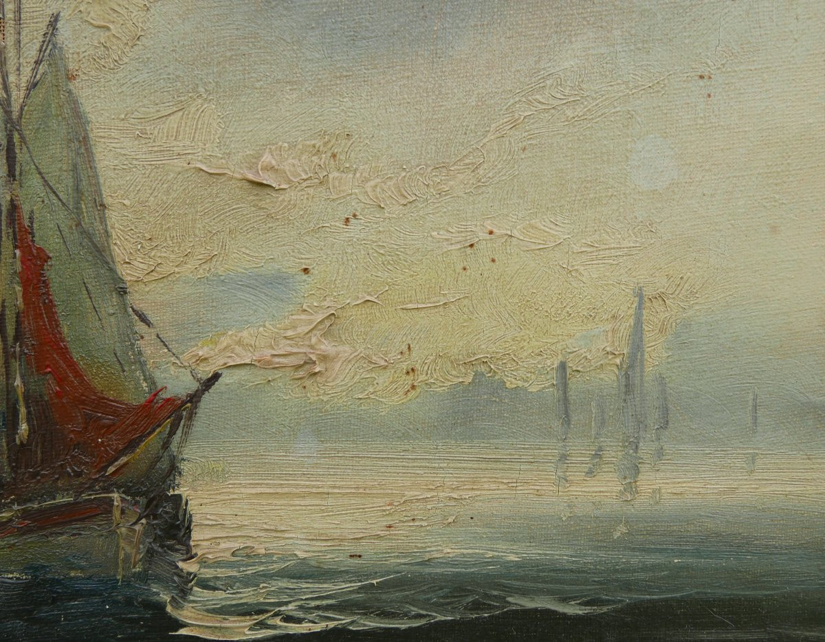 Dew Marine, View Of The Port With Sailing Ships, Le Havre, Oil On Canvas, 20th Century-photo-2