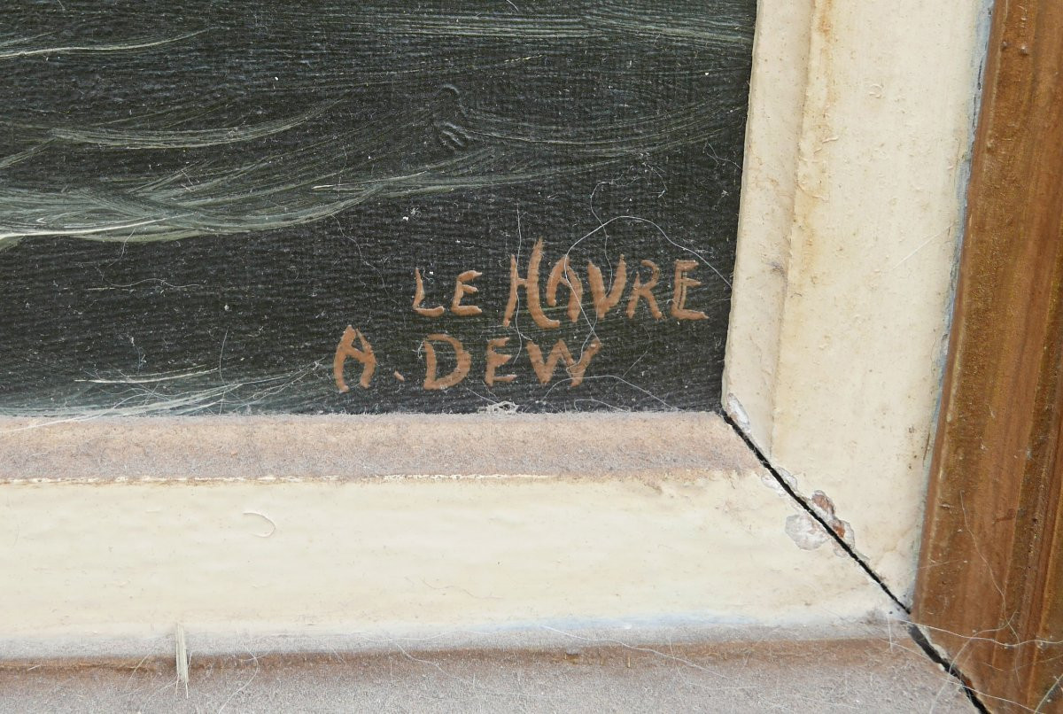 Dew Marine, View Of The Port With Sailing Ships, Le Havre, Oil On Canvas, 20th Century-photo-3