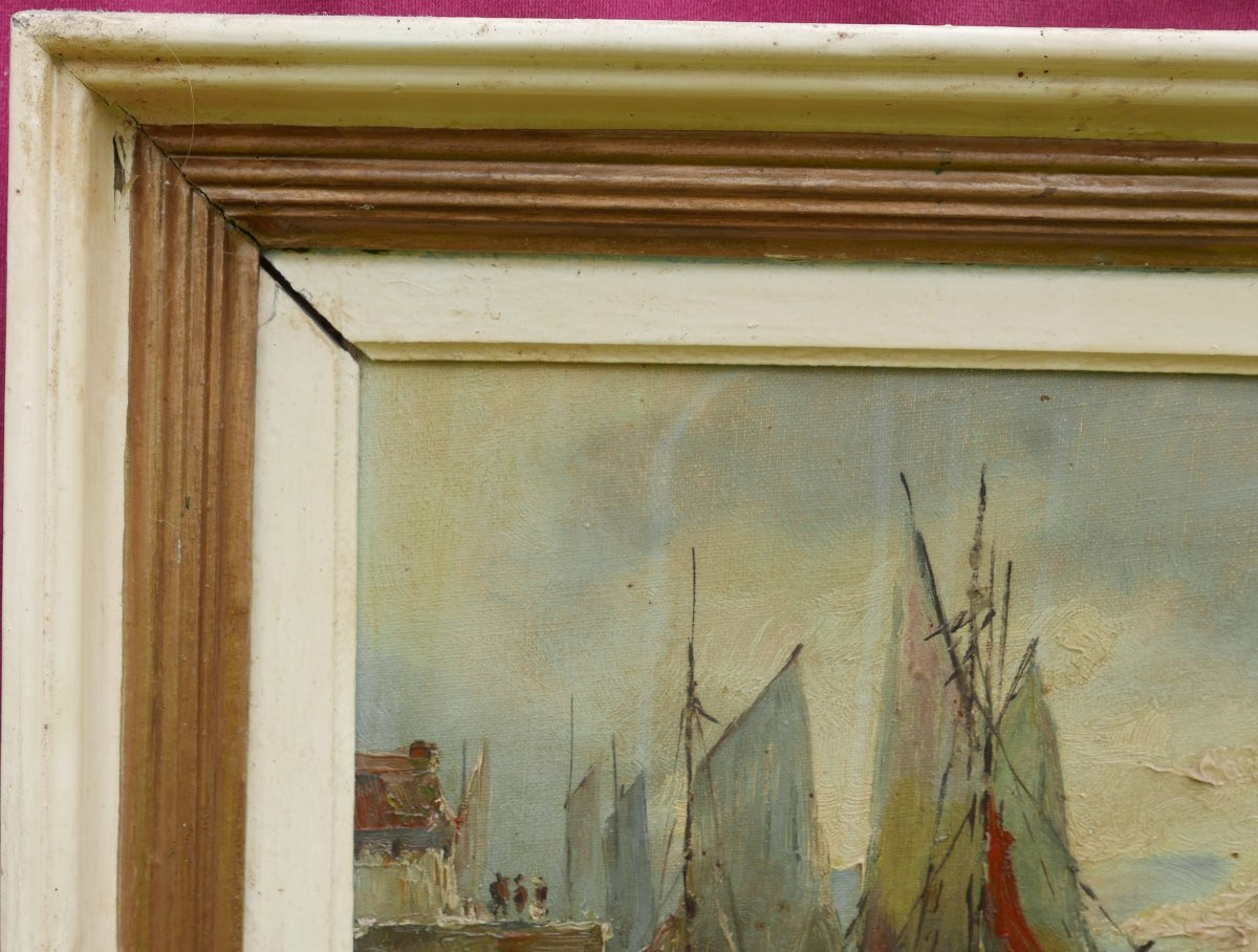 Dew Marine, View Of The Port With Sailing Ships, Le Havre, Oil On Canvas, 20th Century-photo-4