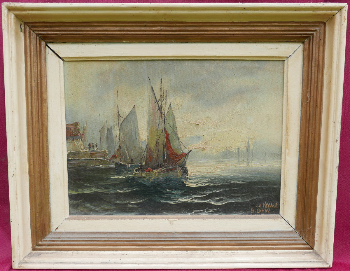Dew Marine, View Of The Port With Sailing Ships, Le Havre, Oil On Canvas, 20th Century
