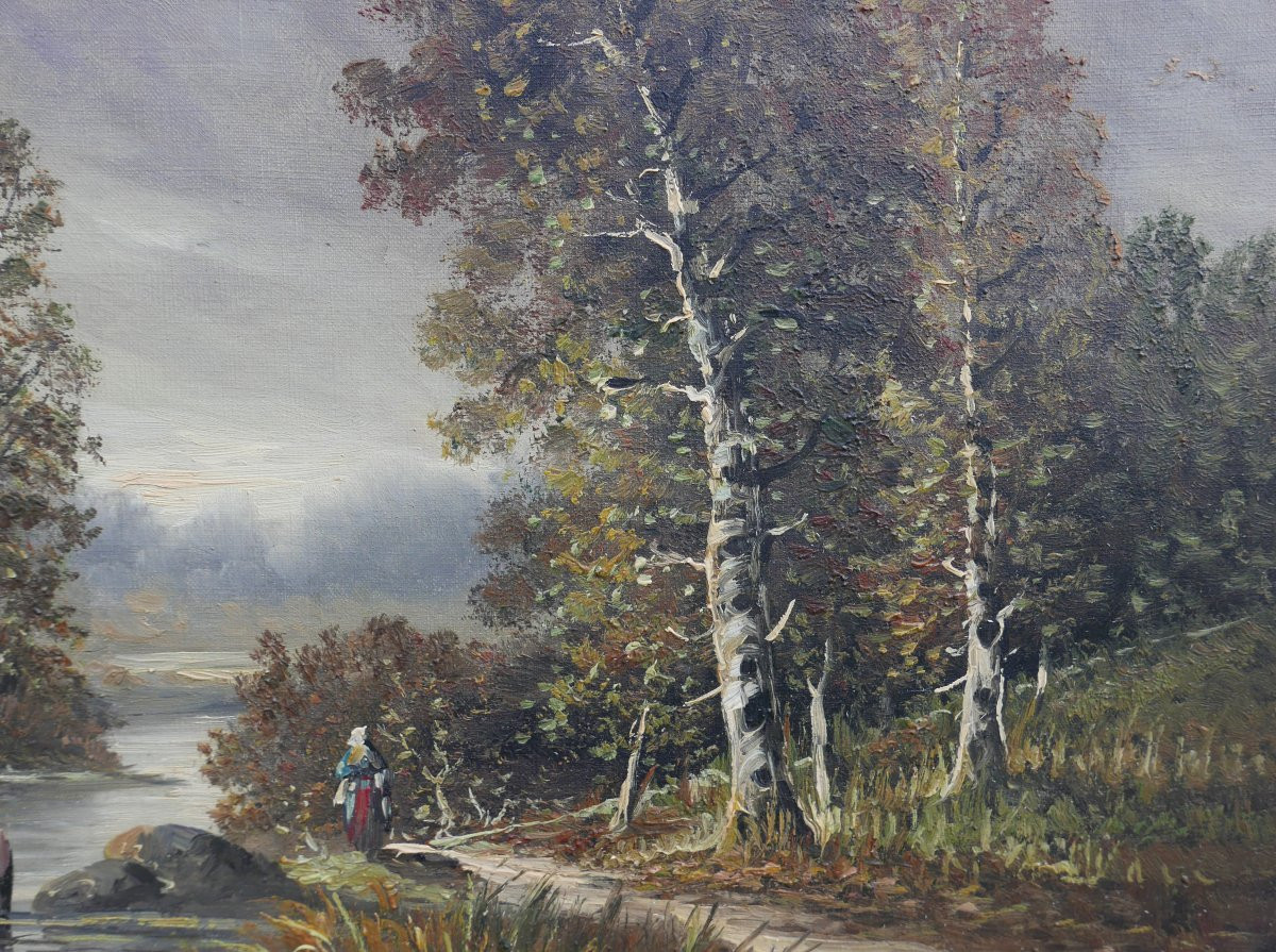 Landscape Painting Of A Riverbank, Oil On Canvas, Early 20th Century-photo-3