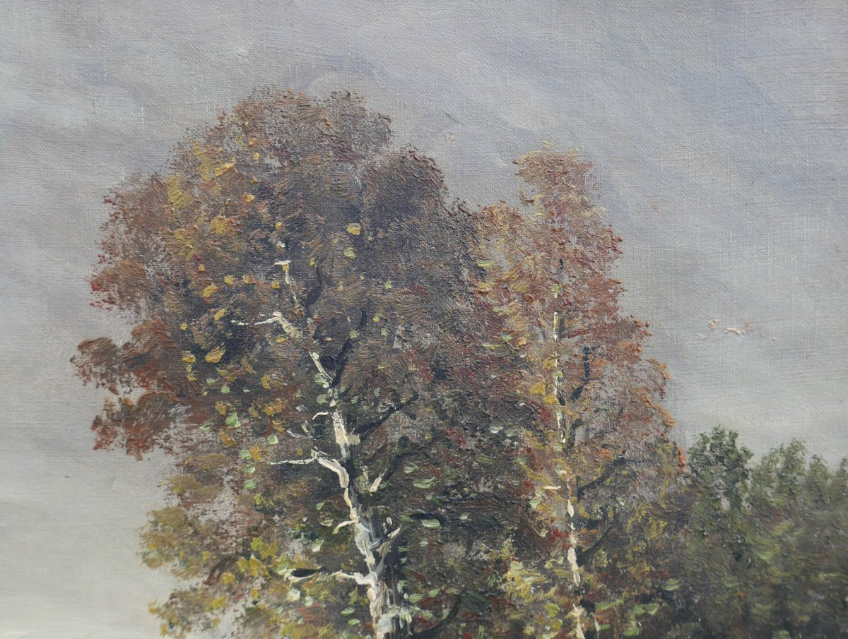 Landscape Painting Of A Riverbank, Oil On Canvas, Early 20th Century-photo-4