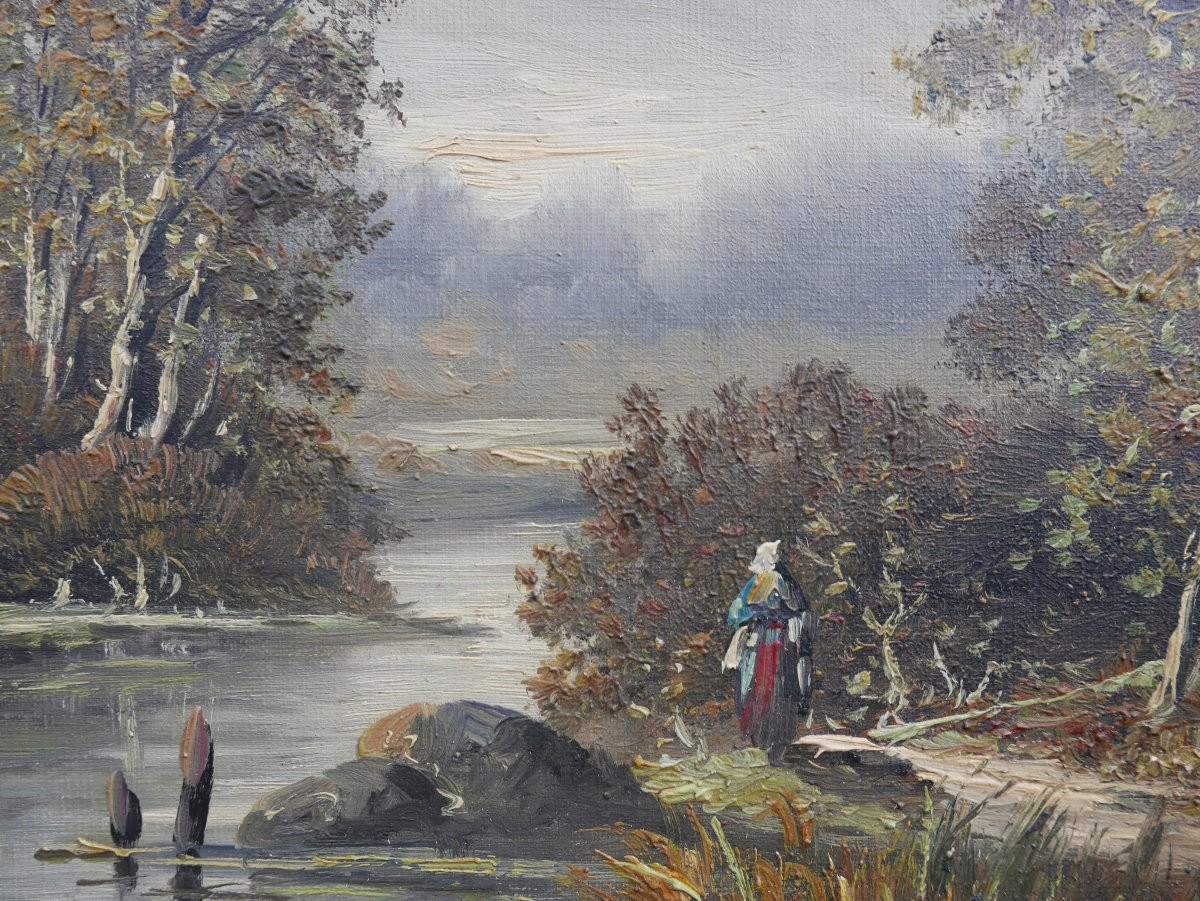 Landscape Painting Of A Riverbank, Oil On Canvas, Early 20th Century-photo-1