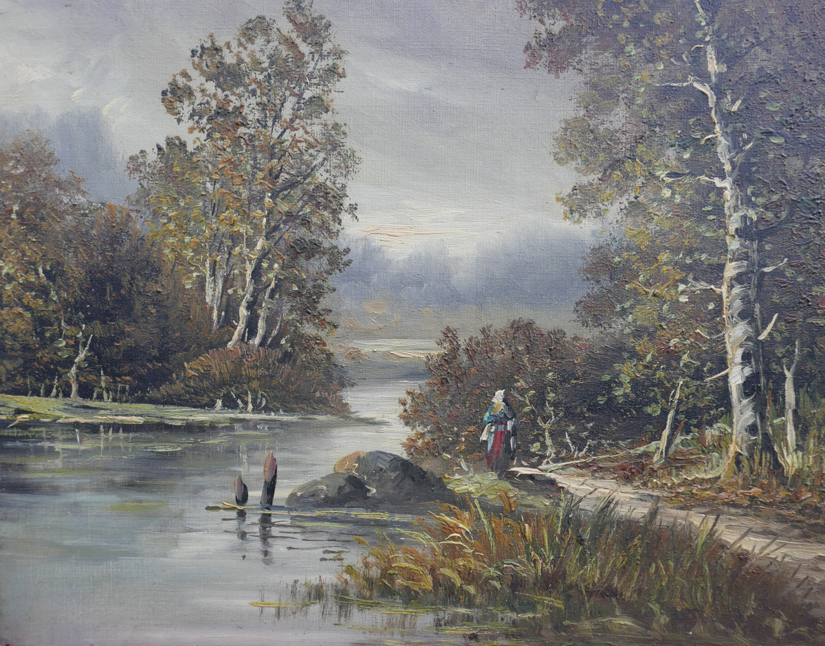 Landscape Painting Of A Riverbank, Oil On Canvas, Early 20th Century