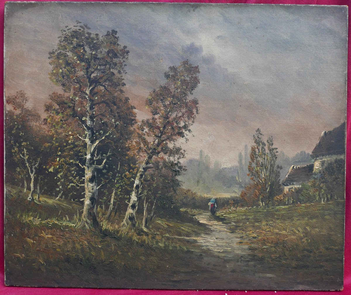 Landscape Painting Of A Tree-lined Country Lane, Oil On Canvas, Early 20th Century-photo-2