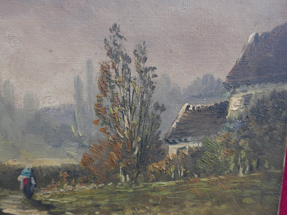 Landscape Painting Of A Tree-lined Country Lane, Oil On Canvas, Early 20th Century-photo-4