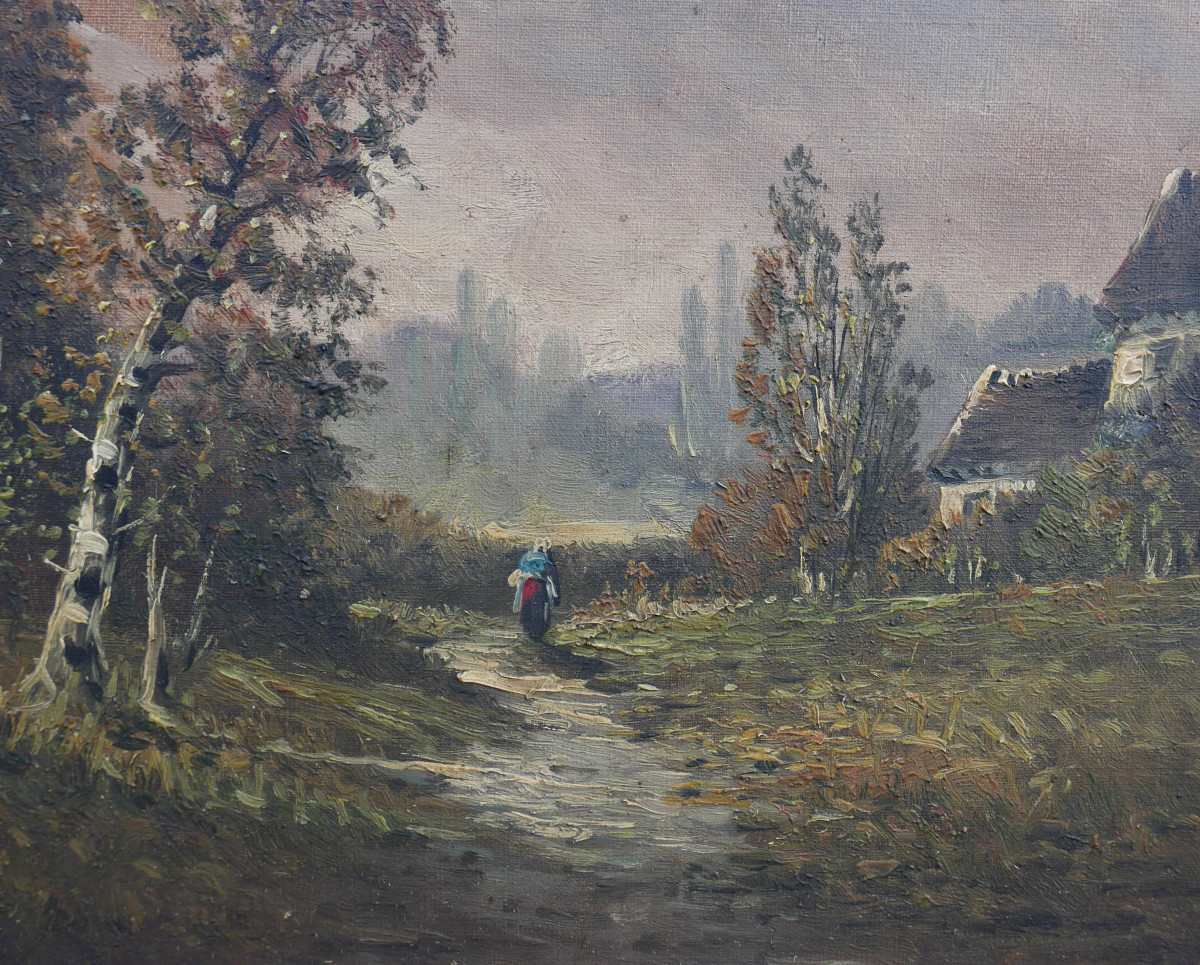 Landscape Painting Of A Tree-lined Country Lane, Oil On Canvas, Early 20th Century