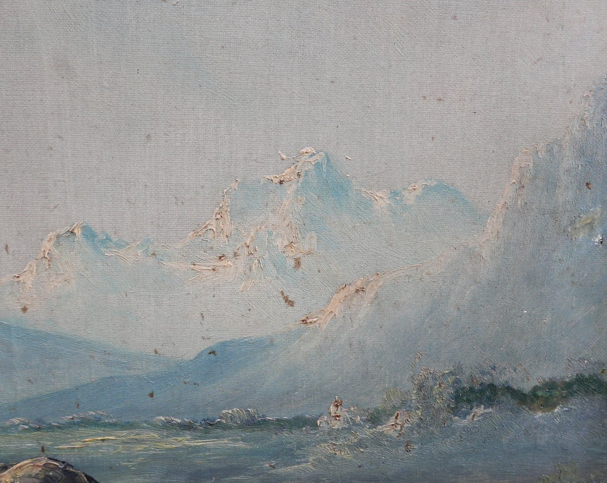 Landscape Painting Of A Lake In The Mountains, Oil On Canvas, Early 20th Century-photo-4