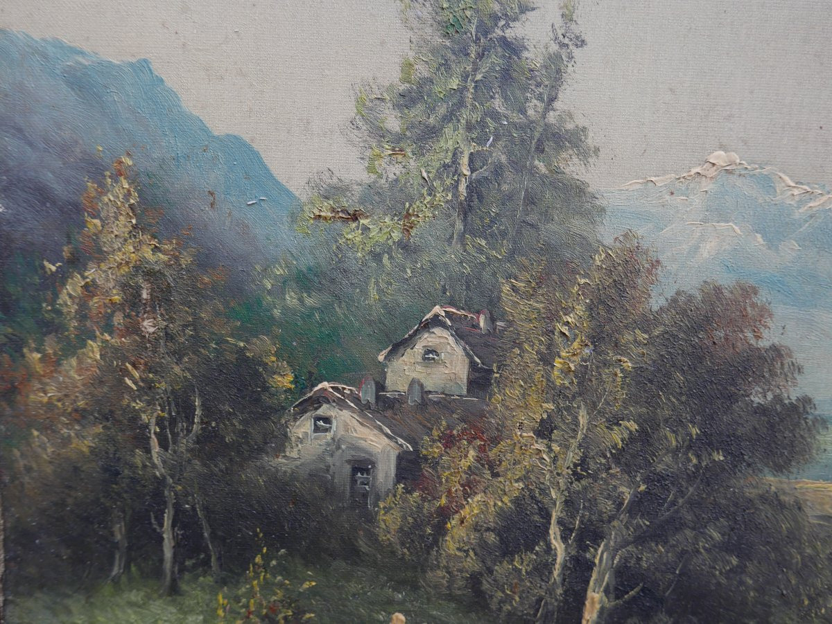 Landscape Painting Of A Lake In The Mountains, Oil On Canvas, Early 20th Century-photo-1