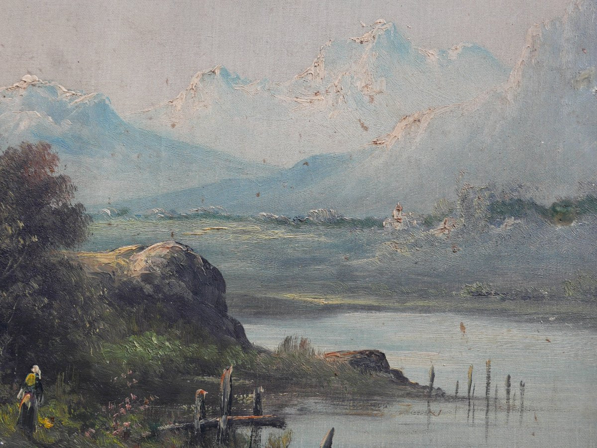Landscape Painting Of A Lake In The Mountains, Oil On Canvas, Early 20th Century-photo-2