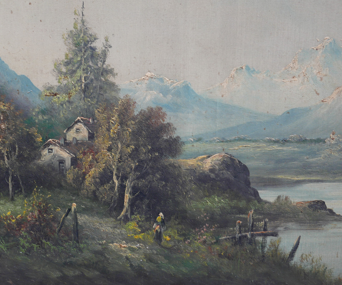 Landscape Painting Of A Lake In The Mountains, Oil On Canvas, Early 20th Century