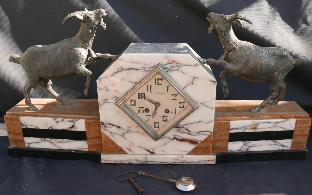 Complete 20th Century Marble And Onyx Goat Clock