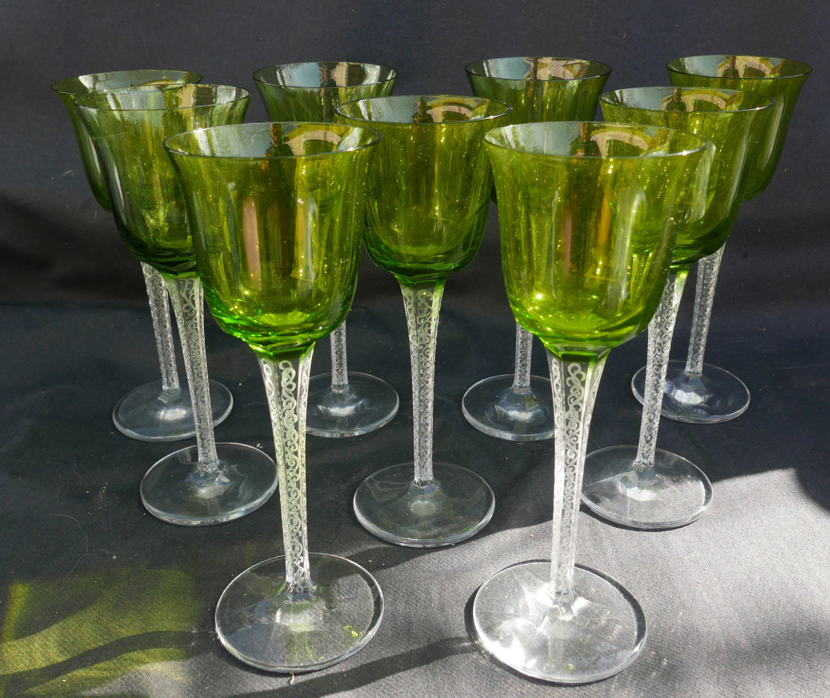 Set Of Nine Roemer Wine Glasses In Engraved Crystal By Lalique France