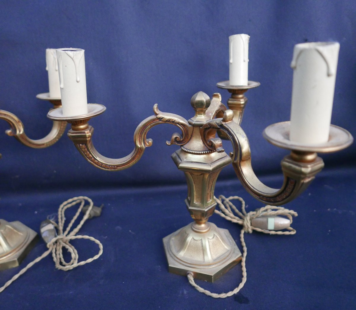 Pair Of Vintage 20th Century Gilt Bronze Chandelier Lamps-photo-3