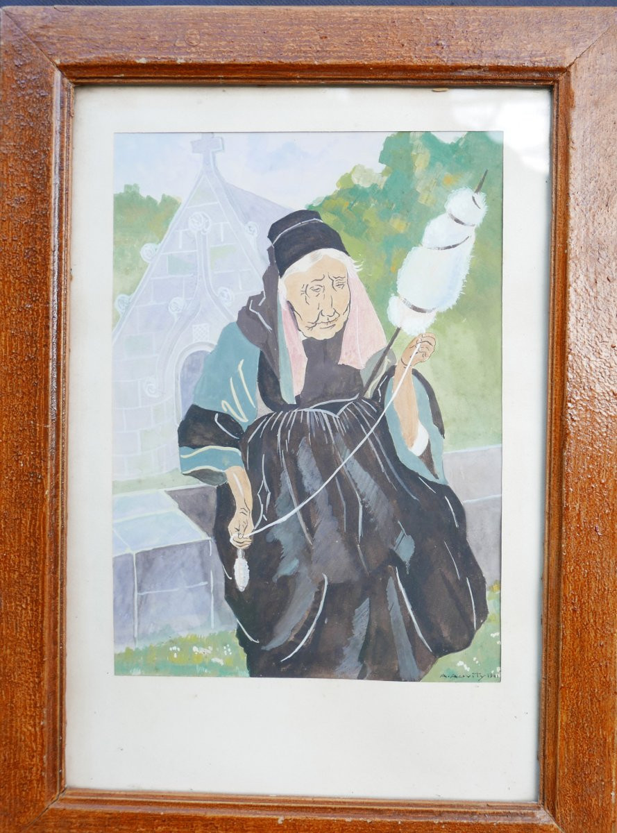 Portrait Of A Breton Woman Spinning, Gouache Under Glass, Signed A. Auvity, 1941-photo-2