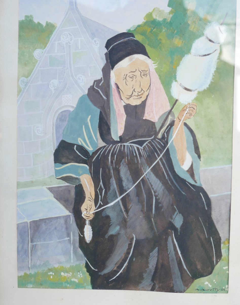 Portrait Of A Breton Woman Spinning, Gouache Under Glass, Signed A. Auvity, 1941-photo-3