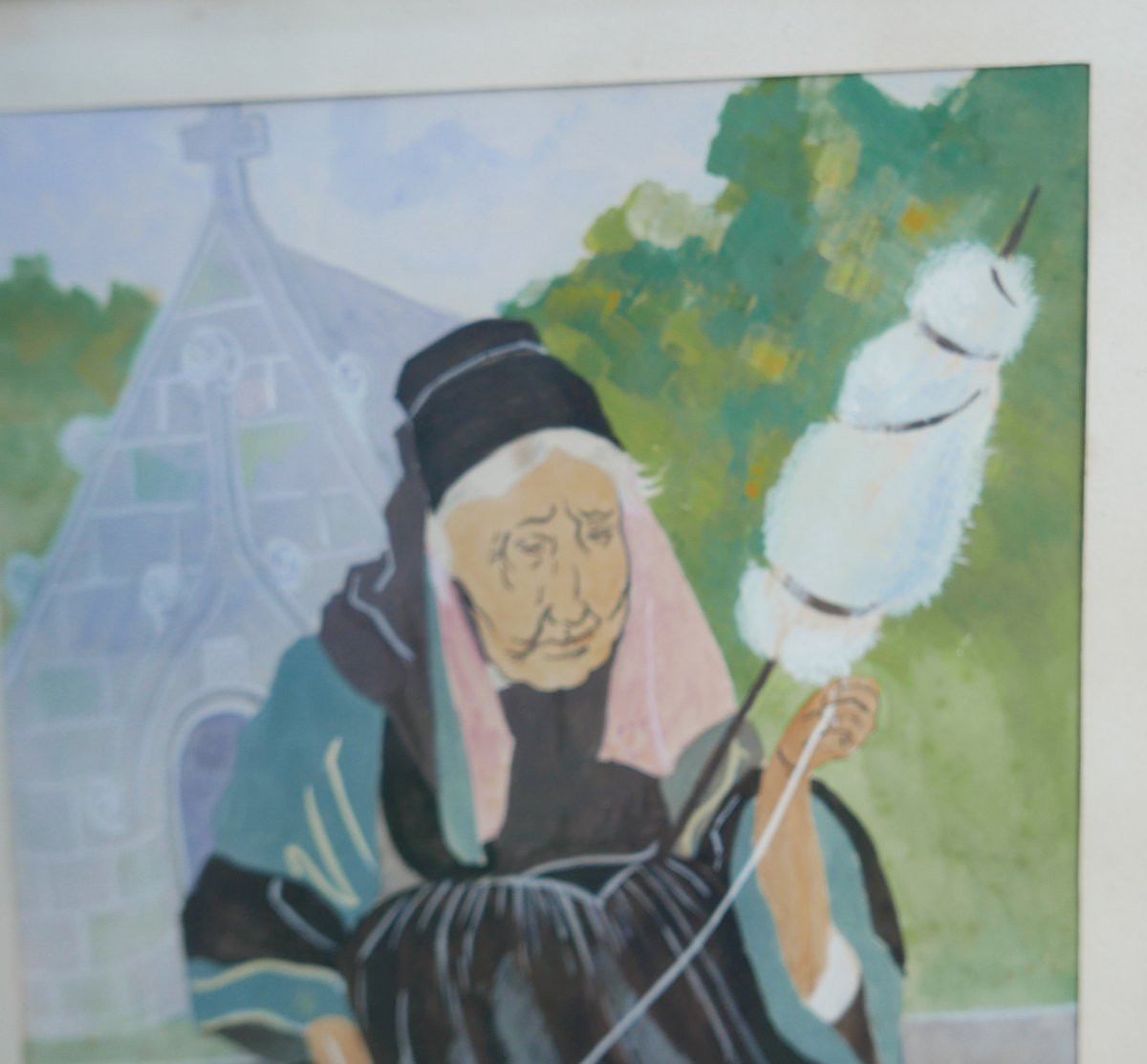 Portrait Of A Breton Woman Spinning, Gouache Under Glass, Signed A. Auvity, 1941-photo-4
