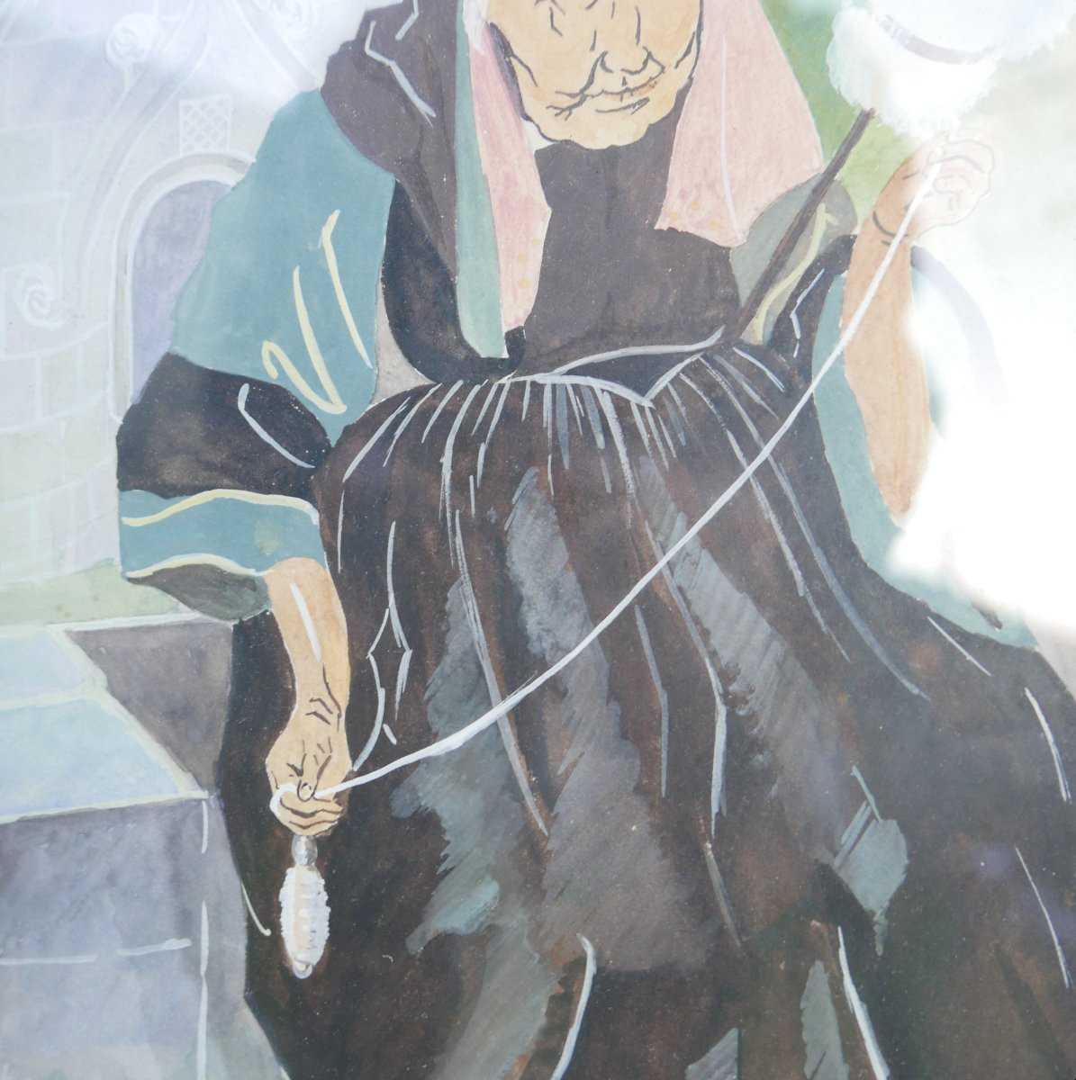 Portrait Of A Breton Woman Spinning, Gouache Under Glass, Signed A. Auvity, 1941-photo-1