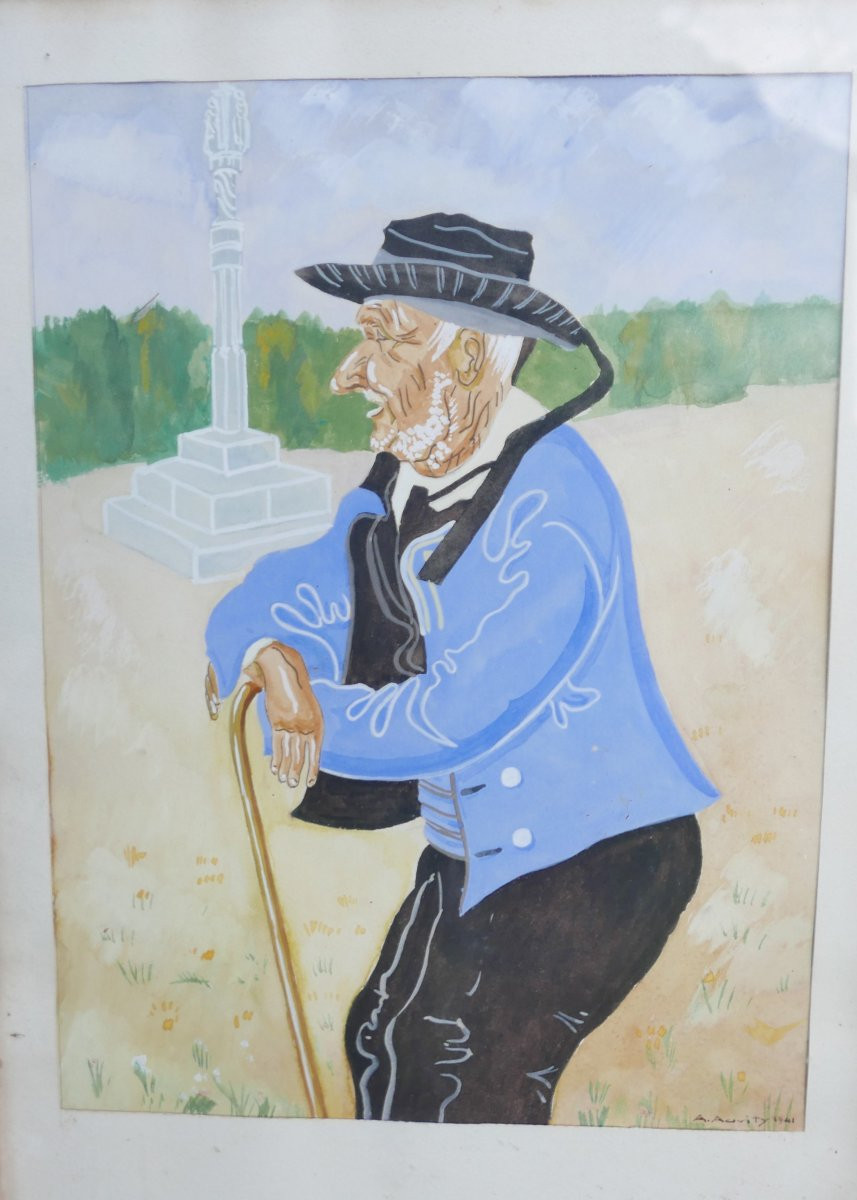 Portrait Of A Breton Man, Gouache Under Glass, Signed A. Auvity, 1941-photo-2