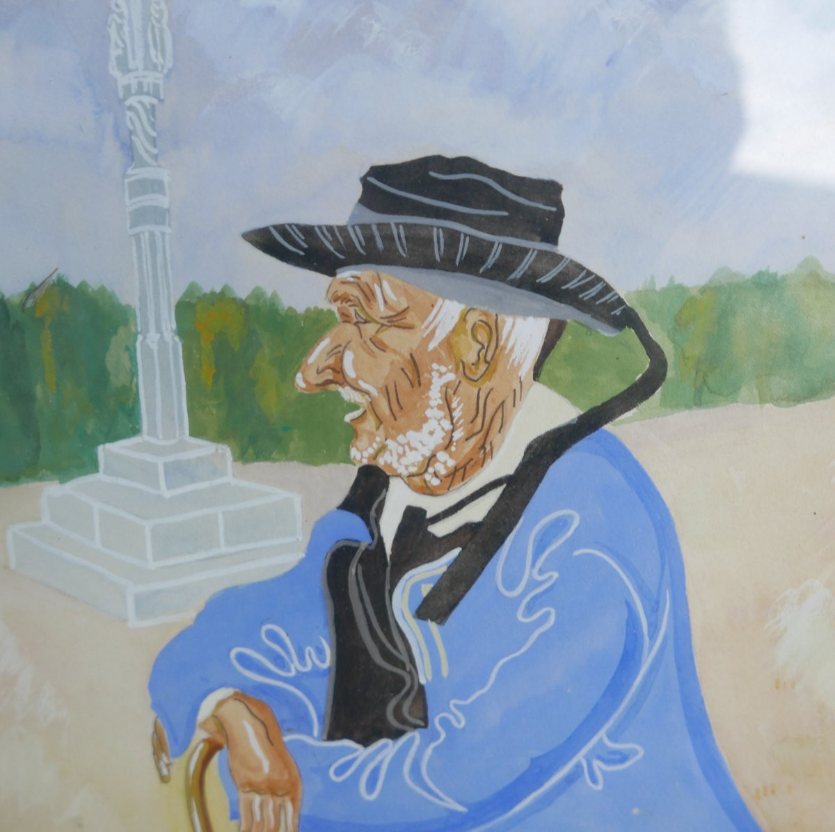 Portrait Of A Breton Man, Gouache Under Glass, Signed A. Auvity, 1941-photo-3