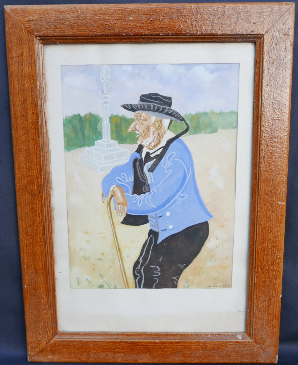 Portrait Of A Breton Man, Gouache Under Glass, Signed A. Auvity, 1941