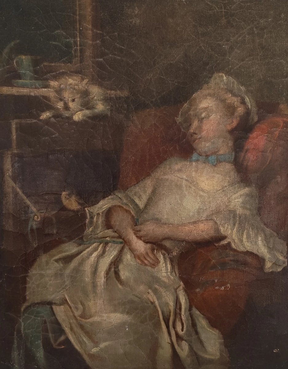 Portrait Of A Young Woman With A Cat, After Colson, Oil On Canvas, 18th Century-photo-3