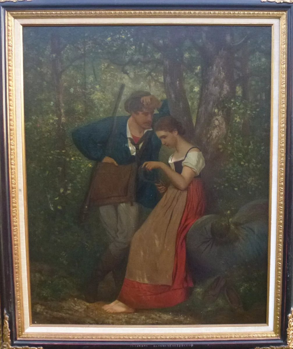 Scène De Genre Rurale Galante Huile/Toile Fin Du XIXème Siècle-photo-2