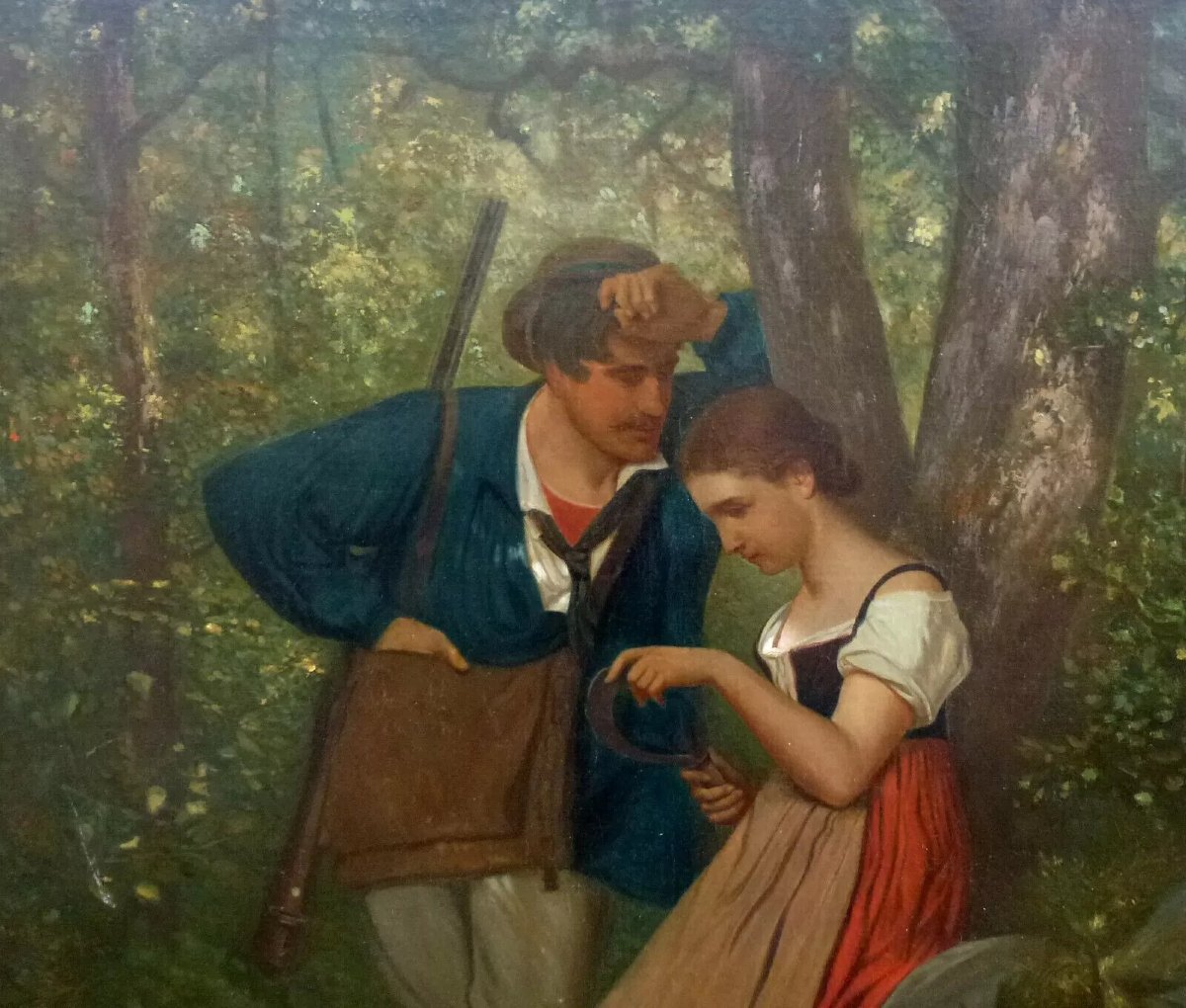 Scène De Genre Rurale Galante Huile/Toile Fin Du XIXème Siècle-photo-4