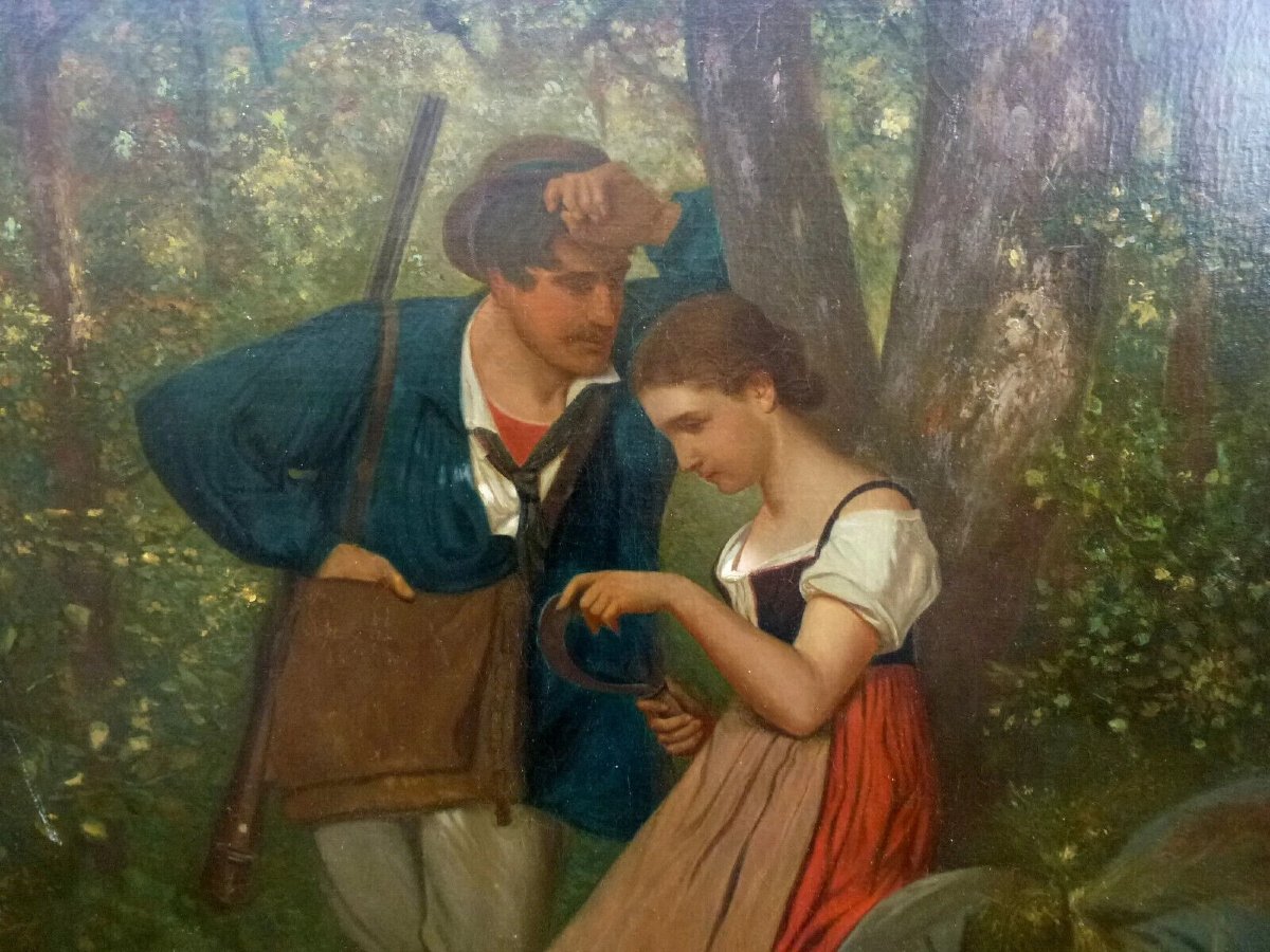 Scène De Genre Rurale Galante Huile/Toile Fin Du XIXème Siècle-photo-1
